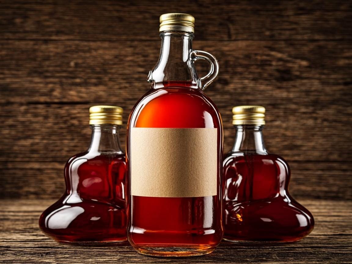 Red palm oil in labelled glass bottles with gold caps